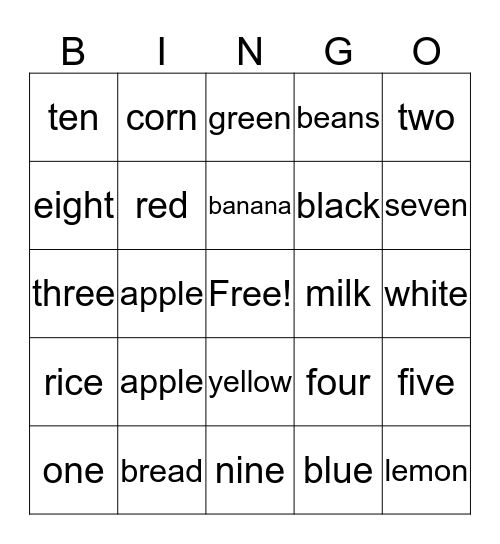 Numbers, Colors, Foods Bingo Card