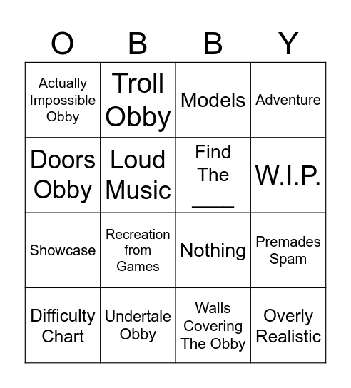 Roblox Obby Creator Bingo Card