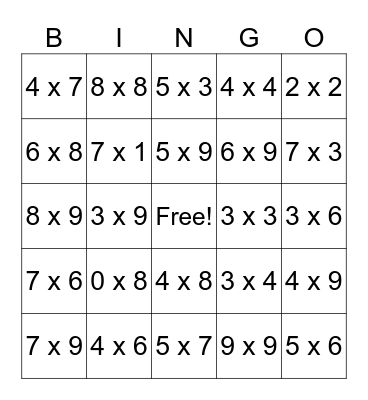 Multiplication Bingo Card