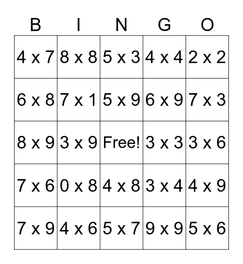 Multiplication Bingo Card