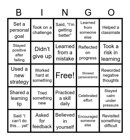 Growth Mindset Bingo Card