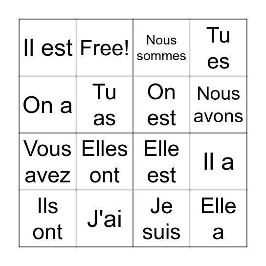 Les verbes de etre et avoir Bingo Card