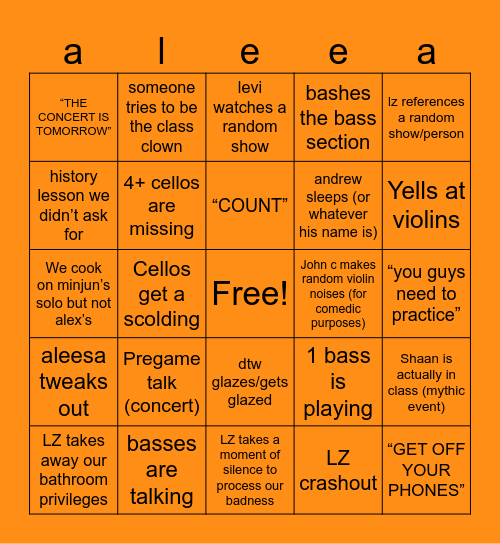LZ Orch bingo dingo Bingo Card