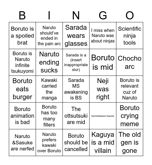 Boruto hate bingo Card