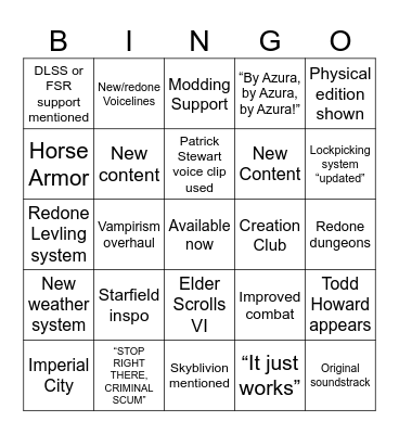 Oblivion Remaster Live Stream Bingo Card