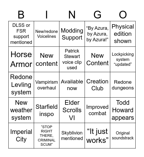 Oblivion Remaster Live Stream Bingo Card