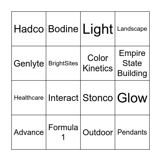 Lighting Bingo Card