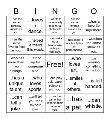 Friendship Bingo: Find Someone Who.... Bingo Card