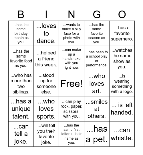 Friendship Bingo: Find Someone Who.... Bingo Card