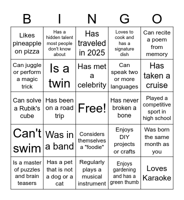 Get to Know You BINGO Card