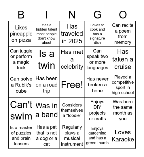 Get to Know You BINGO Card