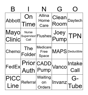 Home infusion Buzzword BINGO Card