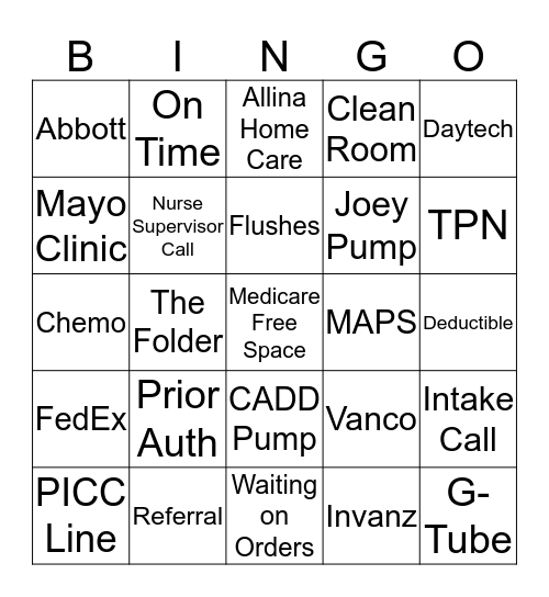 Home infusion Buzzword BINGO Card