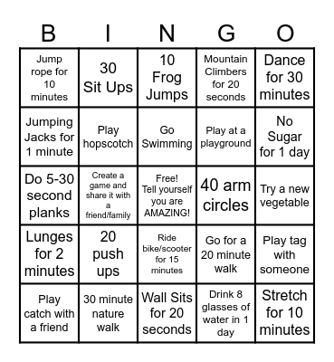 LLCA PE Summer Exercise Bingo Card