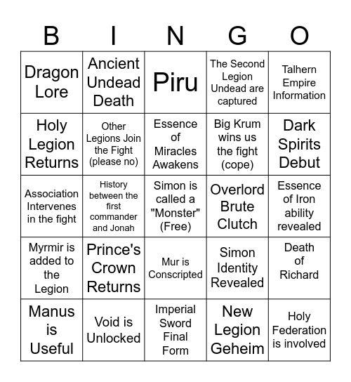1st Legion Clash Bingo Card