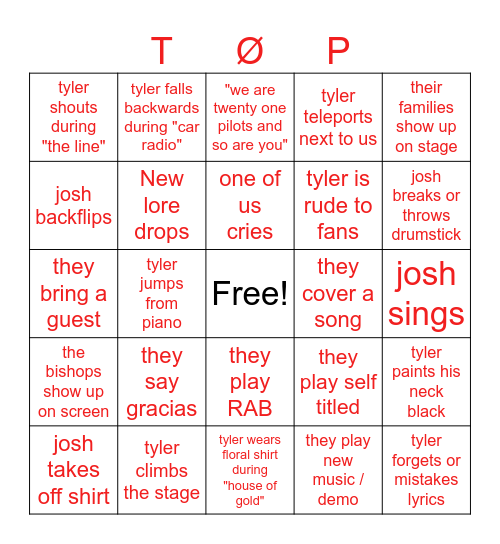TØP Barcelona concert bingo! Bingo Card
