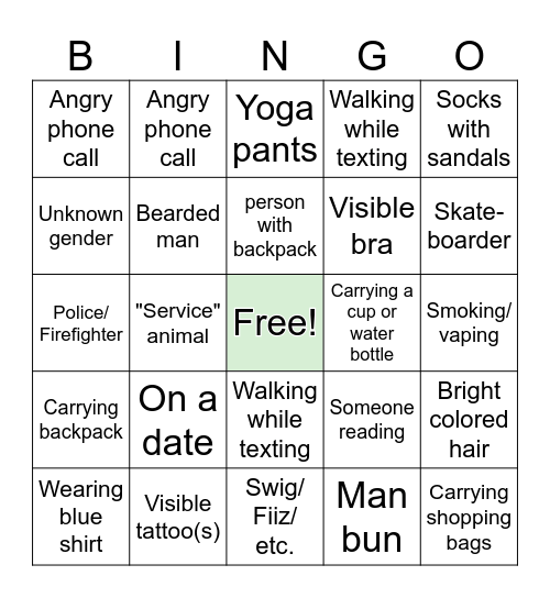 People Watching Bingo Card