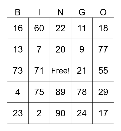 1-100 Bingo Card