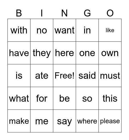 Heart Words Bingo Card