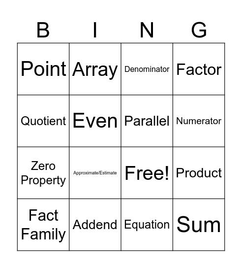 Math vocab Bingo Card