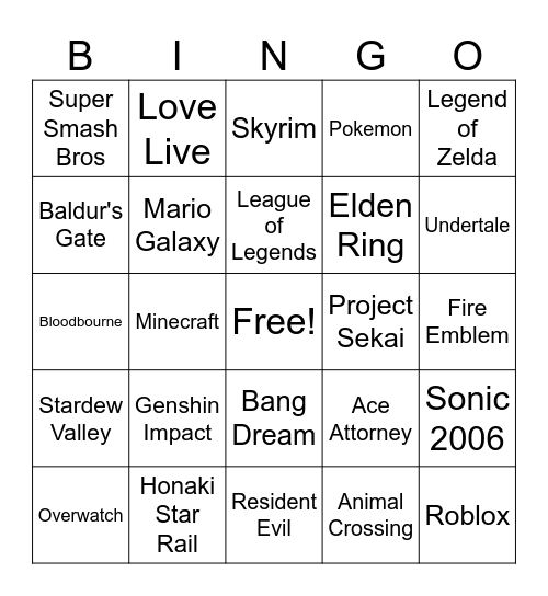 Games Bingo Card