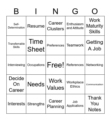 Job Exploration Bingo Card