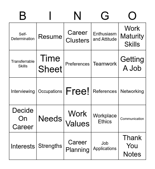 Job Exploration Bingo Card