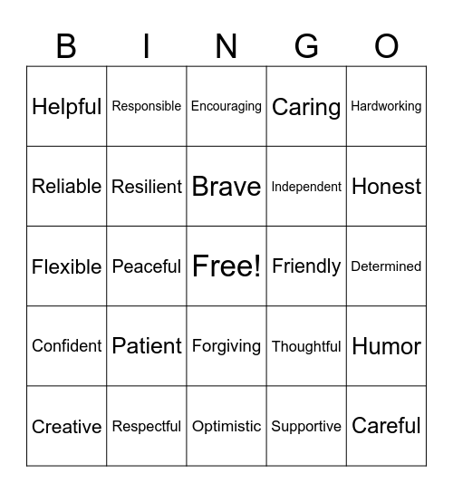 Personal Strengths Bingo Card