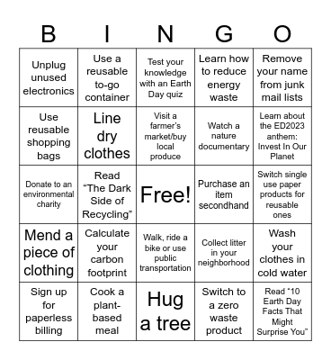 Earth Month Bingo Card
