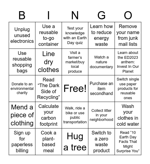 Earth Month Bingo Card
