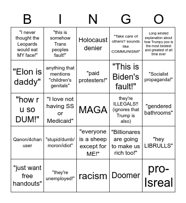 MAGA Comment Section Bingo Card