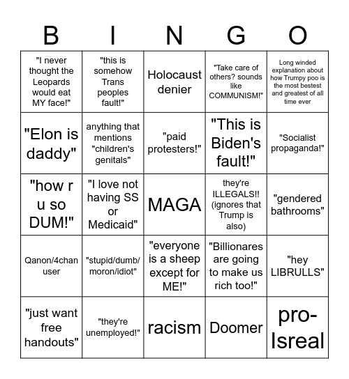 MAGA Comment Section Bingo Card