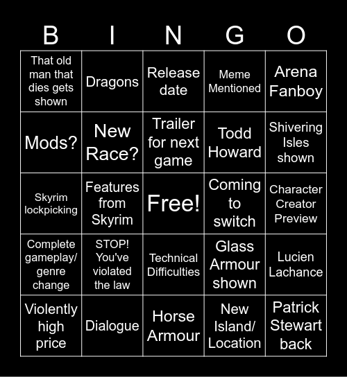 Oblivion Bingo Card