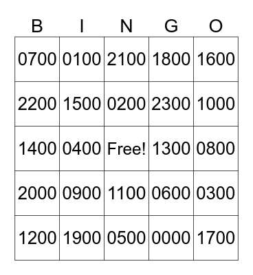 Military Time Bingo Card
