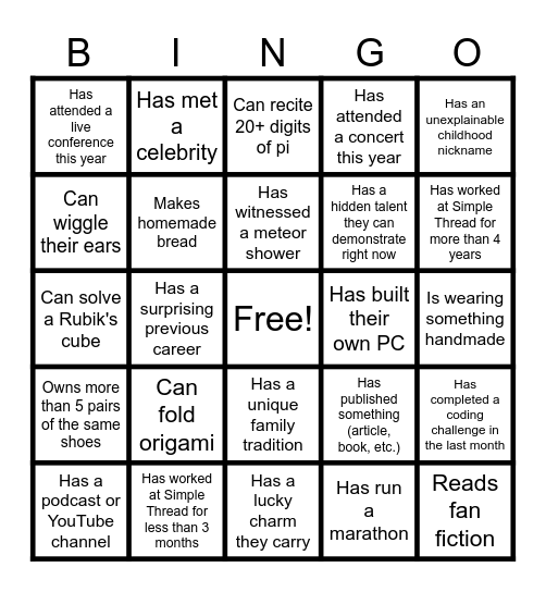 Human Scavenger Hunt Bingo Card