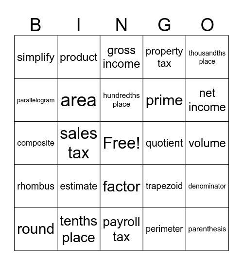 Math Vocab Bingo Card