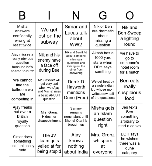 History Bowl Bingo Card