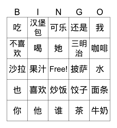 Food Vocabulary Bingo Card