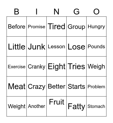Fad Diets Bingo Card