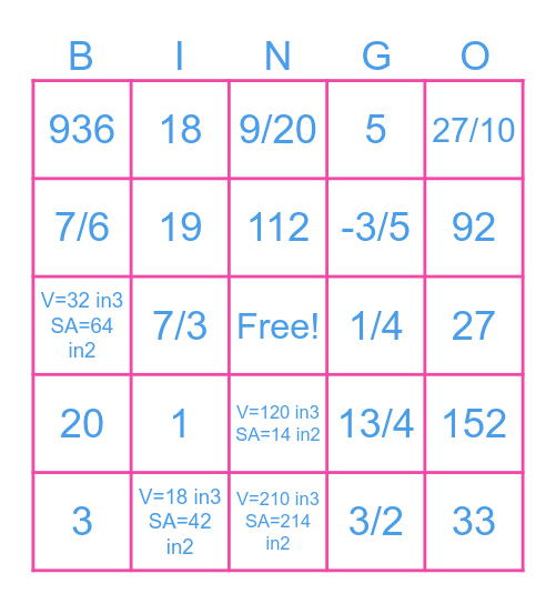MATH BINGO Card