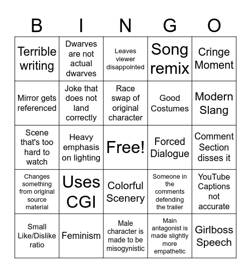 Snow White Trailer Bingo Card