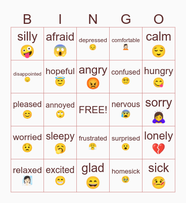 🤪😰😋Feelings and Emotions😁😅😞 Bingo Card