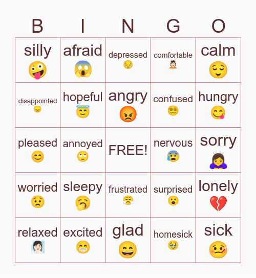 🤪😰😋Feelings and Emotions😁😅😞 Bingo Card