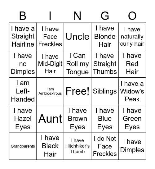 Human Traits Bingo Card