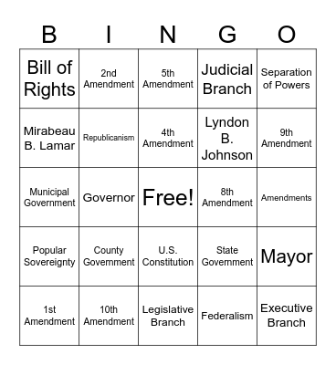 Government, Bill of Rights and Constitution Bingo Card