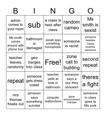 school Bingo Card