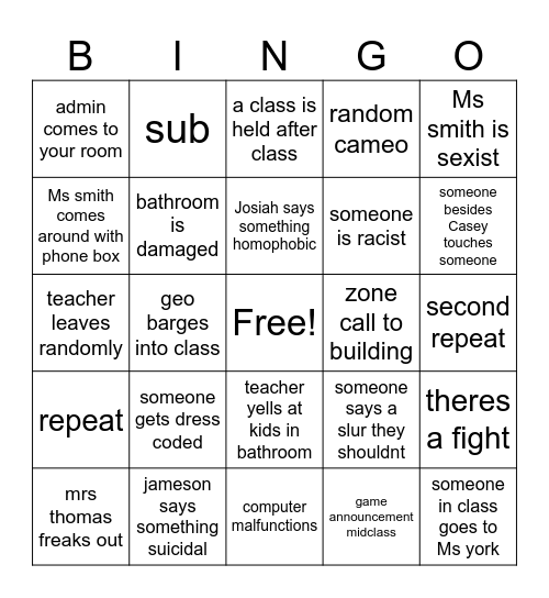 school Bingo Card