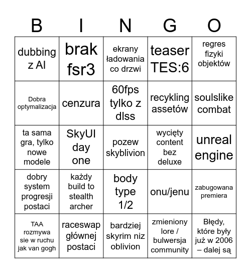 Oblivion re: Bingo Card