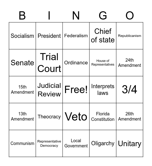 Civics Bingo Card