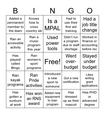 Recreation Bingo Card